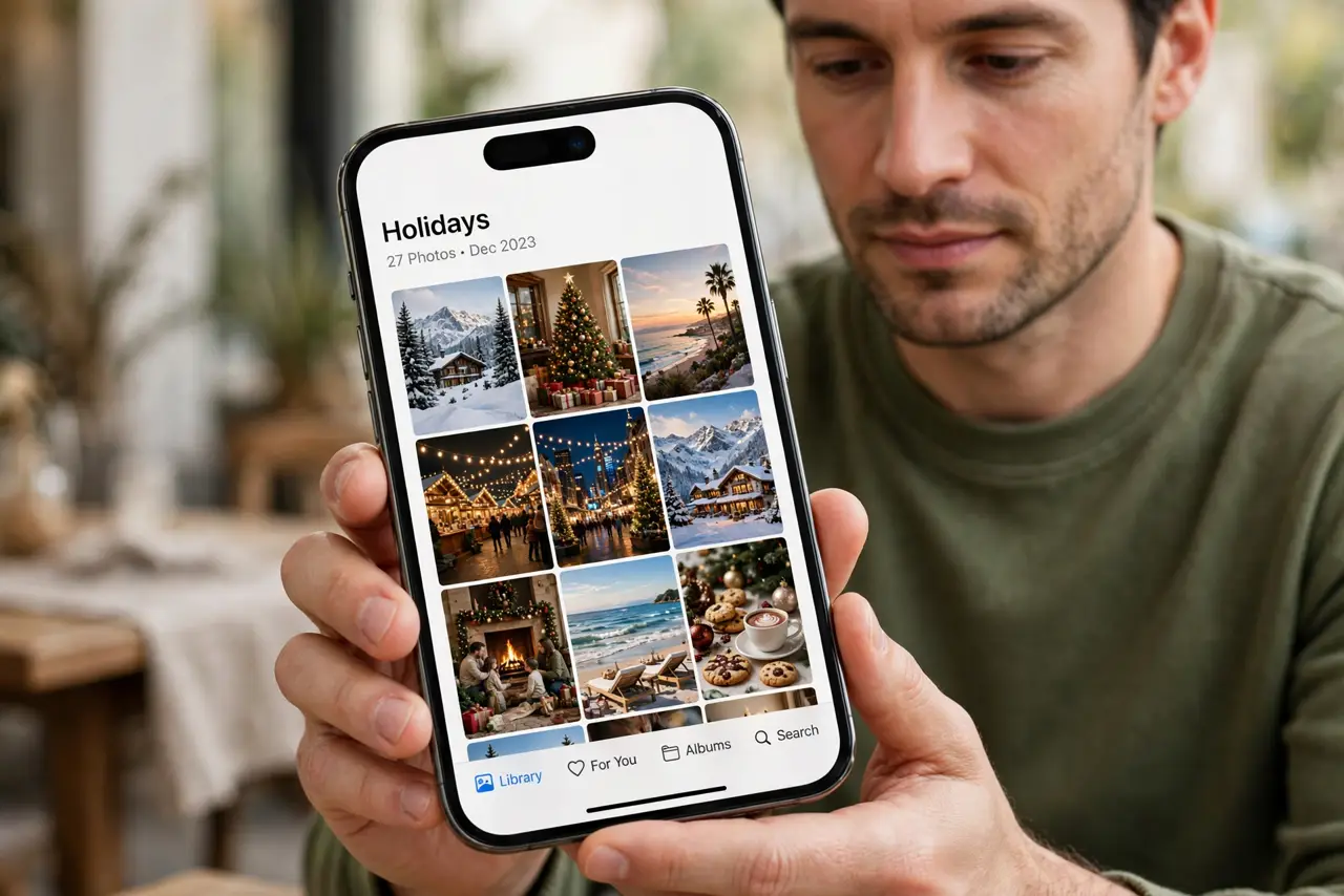 a calm adult holding a real phone showing a photo gallery on the real screen with holiday photos in a grid, images clear. No black screen, no blank white screen