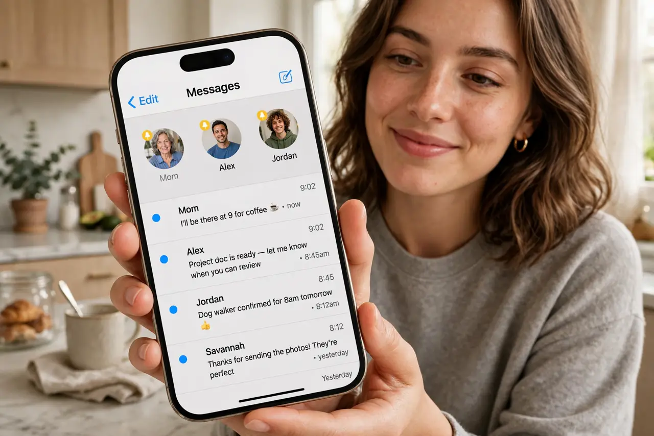 A person holding an iPhone showing a messages list with pinned conversations in circles at the top legible on screen, the person's face satisfied, morning kitchen setting.