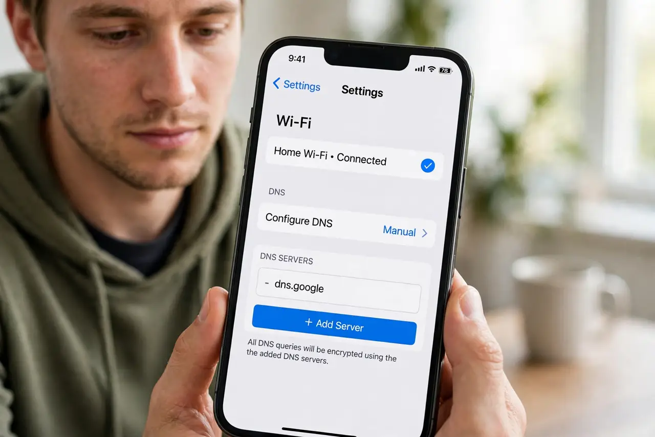 A person performing the guide's first step: On Android, use Private DNS. Open Settings, then Network, then Private DNS, and enter the hostname of a trusted encrypted DNS provider.…