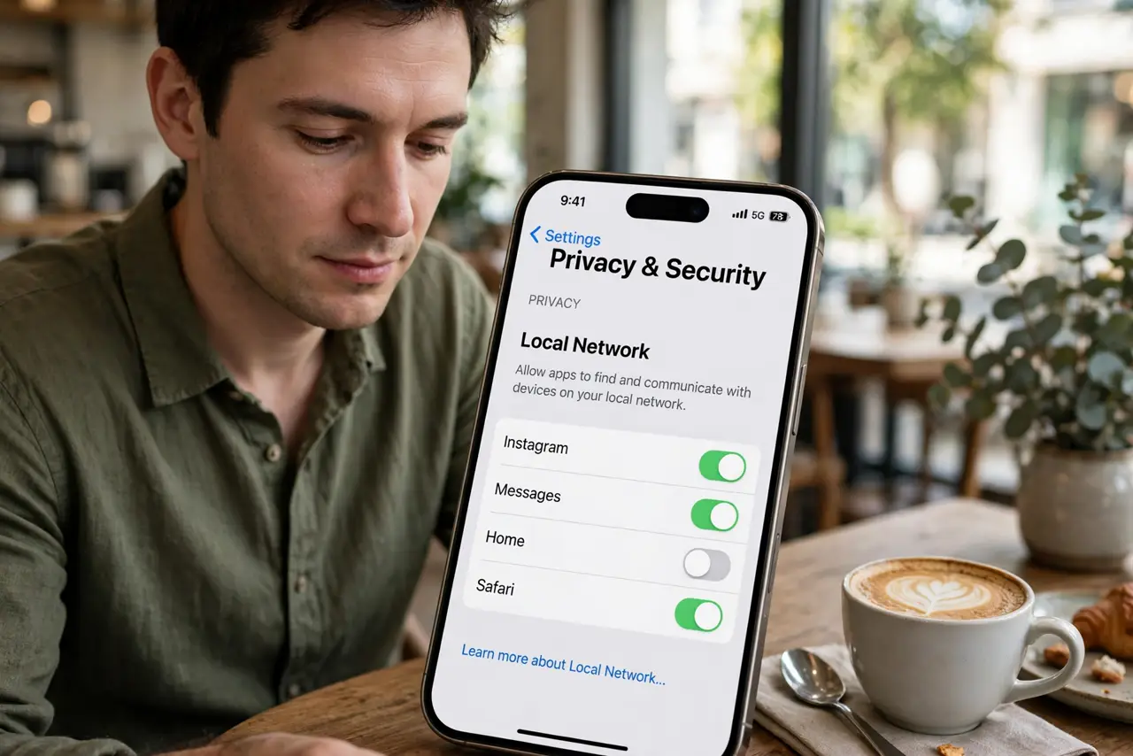 A person using a real phone at a cafe table showing network privacy settings with legible toggles, a coffee cup beside it, the person's face calm, daylight through windows.