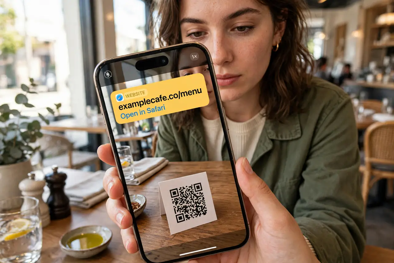 A person holding an iPhone pointed at a restaurant table QR code, the scan popup with link preview legible on screen, the person's face focused, restaurant setting.