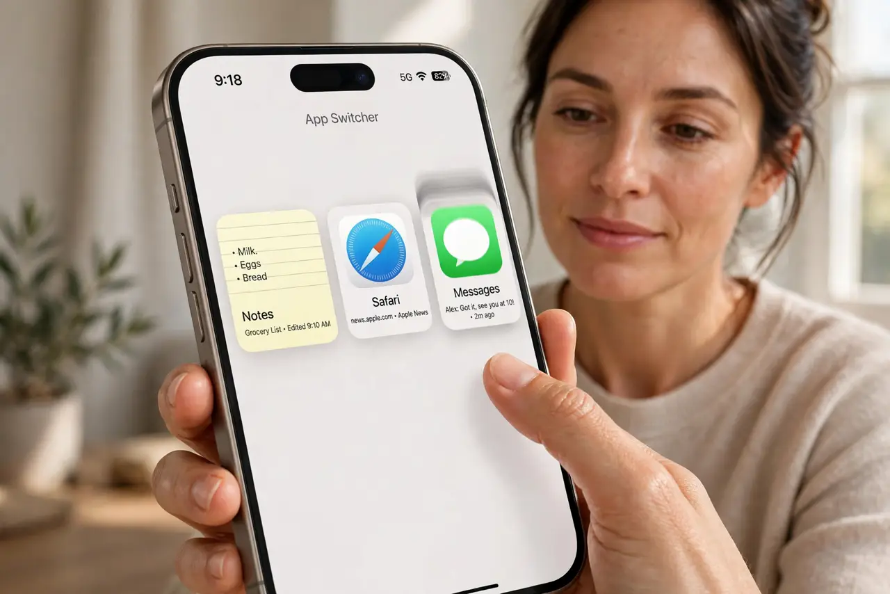 A calm adult holding a real smartphone showing the recent apps screen with legible text, the person swiping away apps thoughtfully, relaxed expression.
