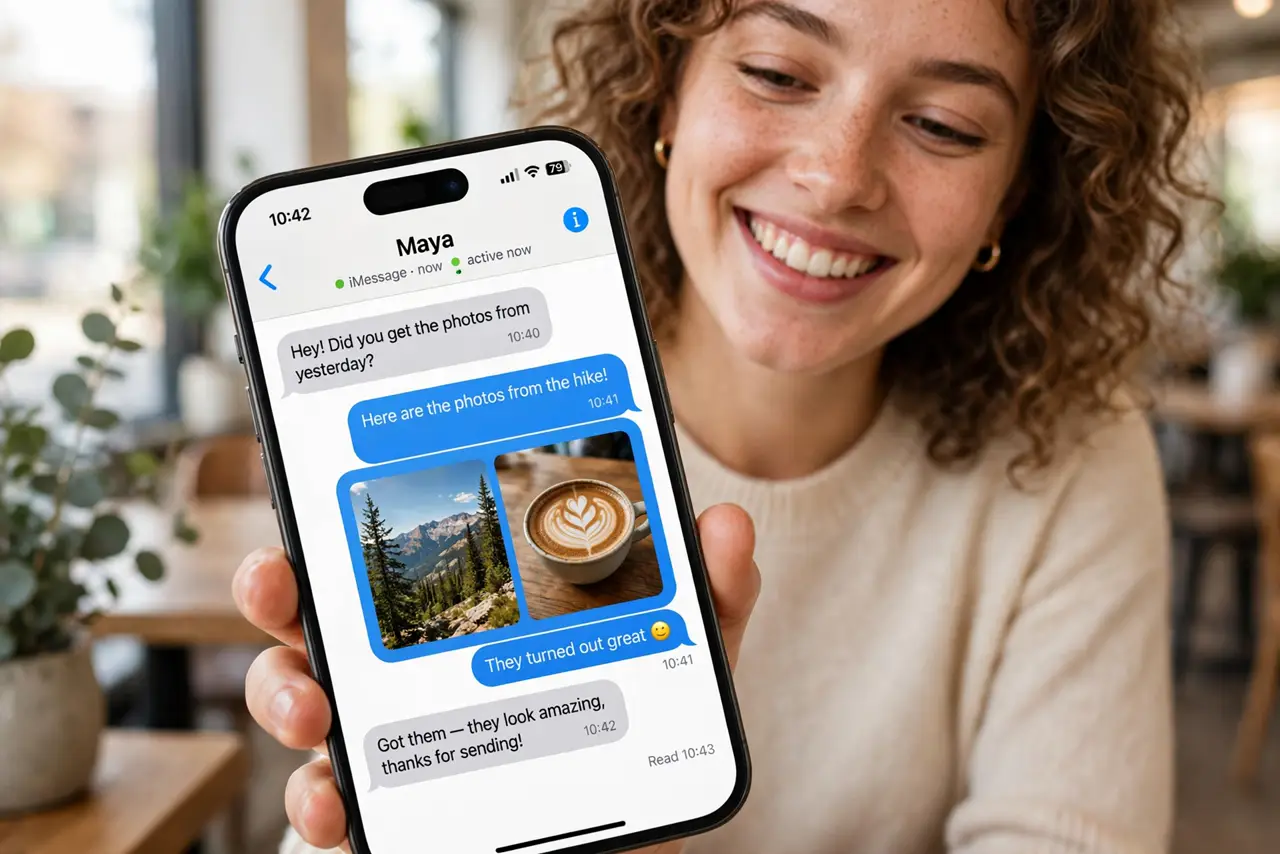 A person holding an iPhone showing a messaging thread with high-quality photos and read receipts legible on screen, the person's face pleased, cafe setting.