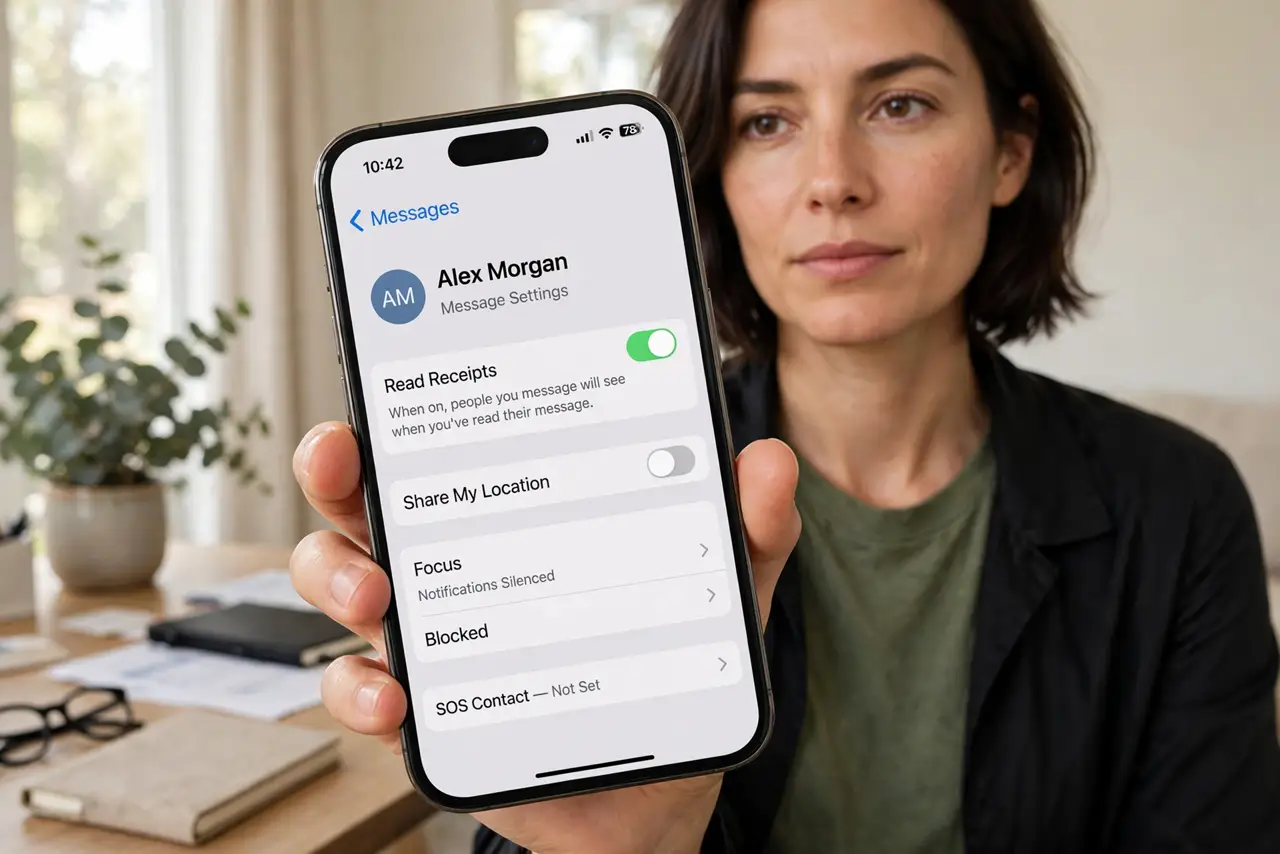 A person holding an iPhone showing a contact's message settings with the read receipts toggle legible on screen, the person's face calm and decisive, home office setting.