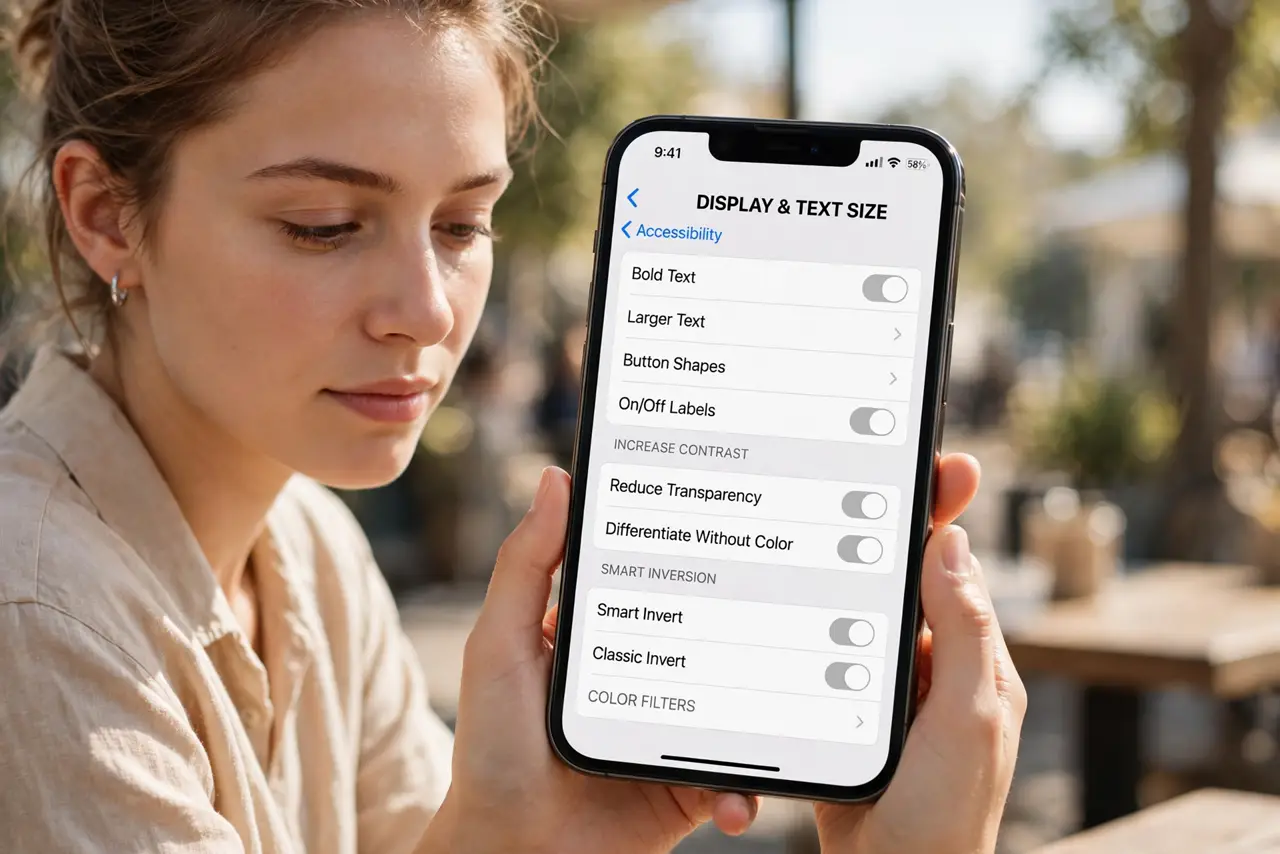 A person doing the guide's first step: Open the display accessibility page on iPhone.