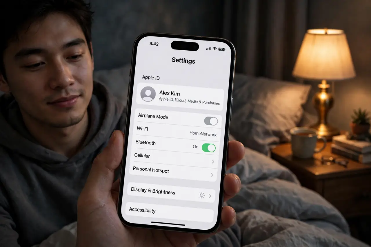 A person in a dim bedroom holding a real iPhone showing a mostly white Settings screen that looks softly dimmed and comfortable, the person's face relaxed, bedside lamp glow.