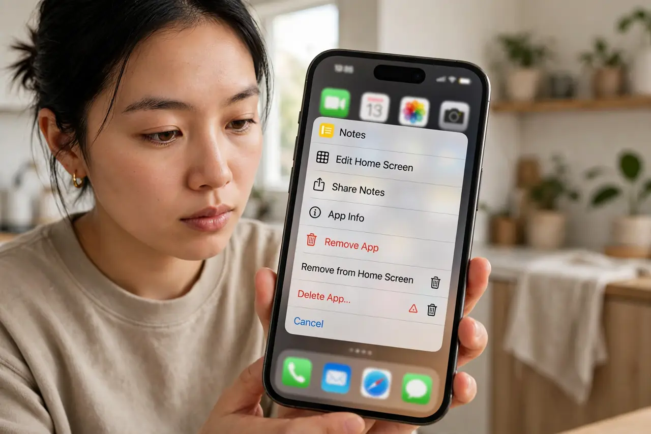 A person holding an iPhone showing the long-press menu with 'Remove App' options legible on screen, the person's face careful and focused, home setting.
