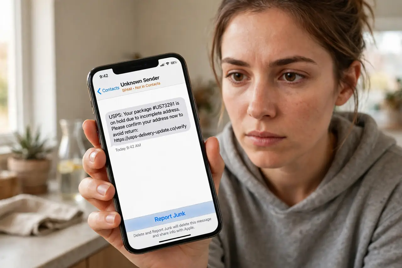 A person holding an iPhone showing a spam text message with the 'Report Junk' option legible on screen, the person's face alert and focused, home setting.
