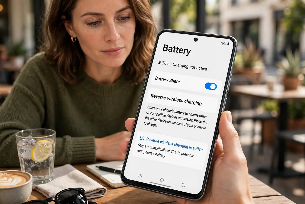 A person performing the first step: Check your phone supports it. Reverse wireless charging exists on many Samsung.
