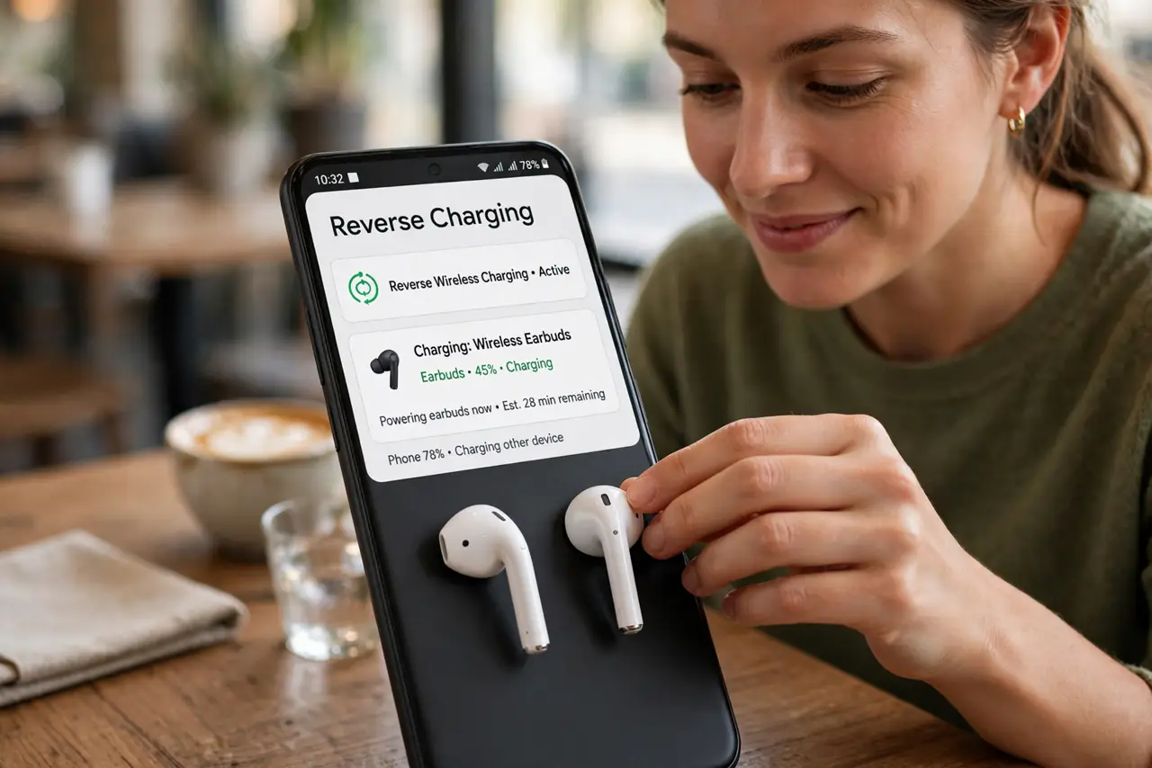 A person placing wireless earbuds on the back of a real Android phone, both devices clearly visible with the phone