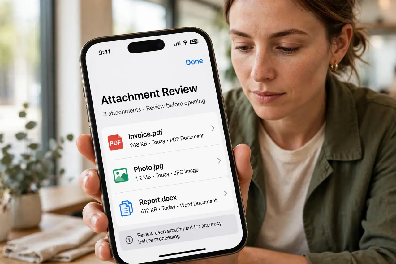 A person doing the guide's first step: Open the attachment review on iPhone.