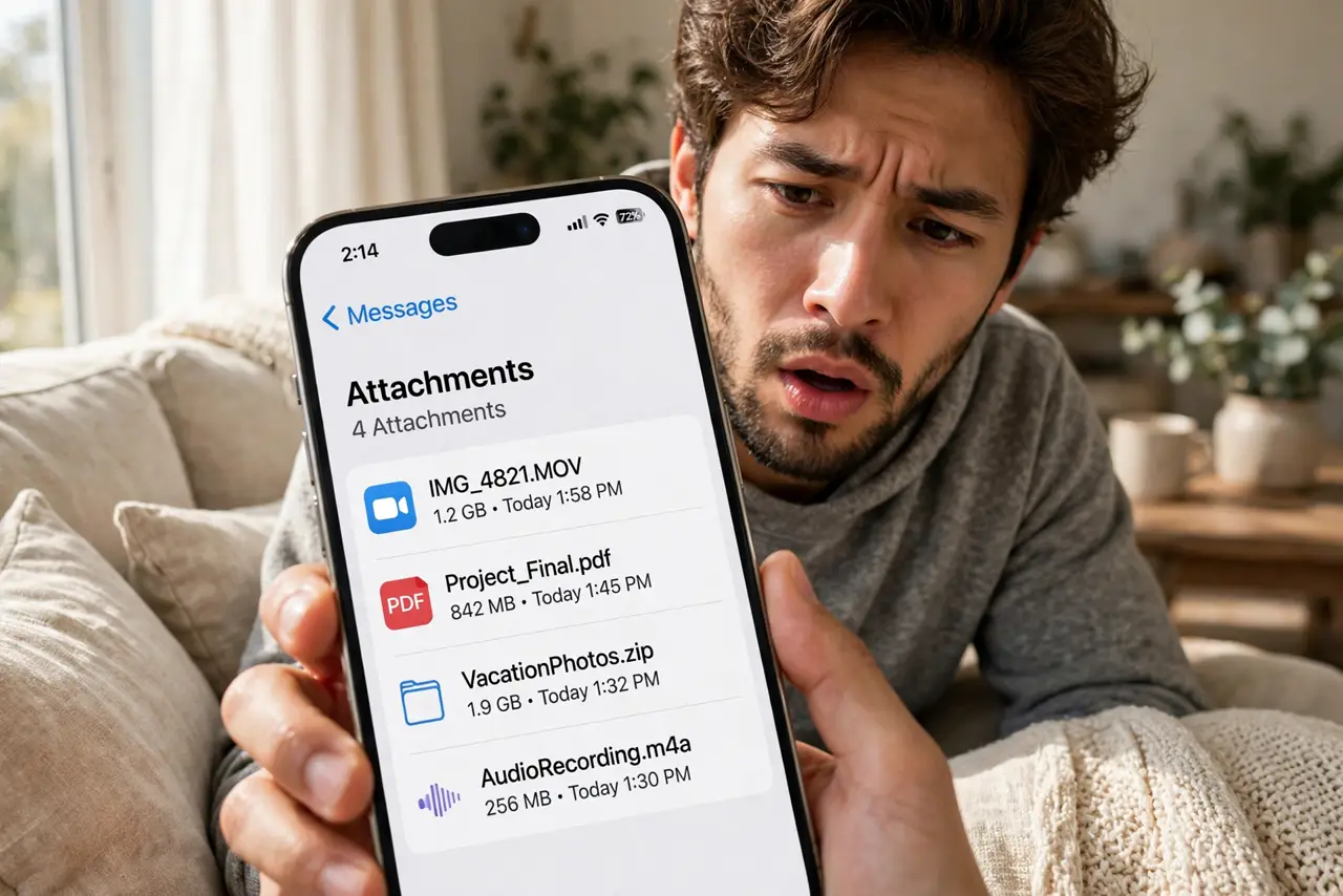 A person holding an iPhone showing a list of large message attachments with file sizes legible on screen, the person's face surprised then focused, couch setting.