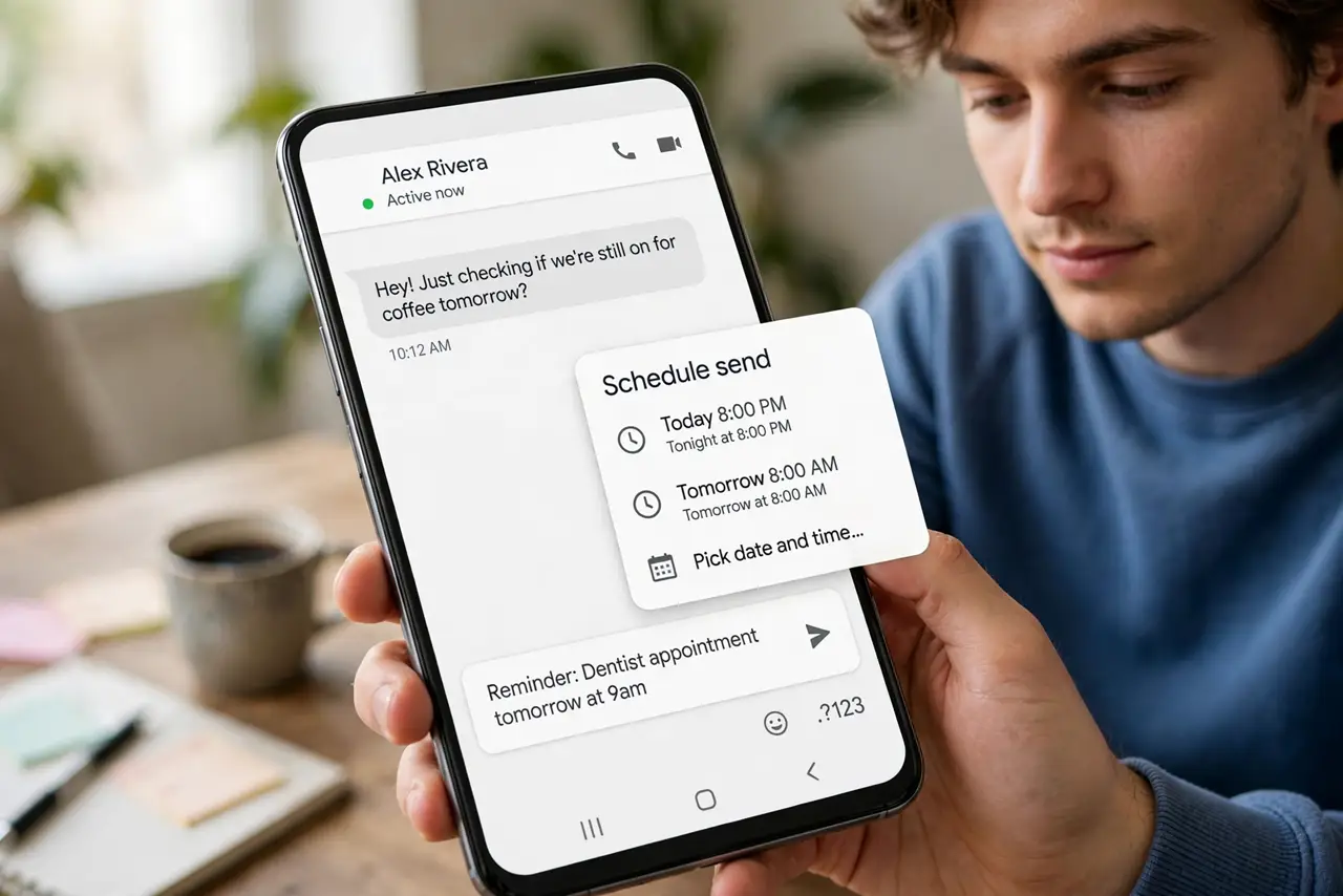 A person doing the guide's first step: Schedule in Google Messages on Android.