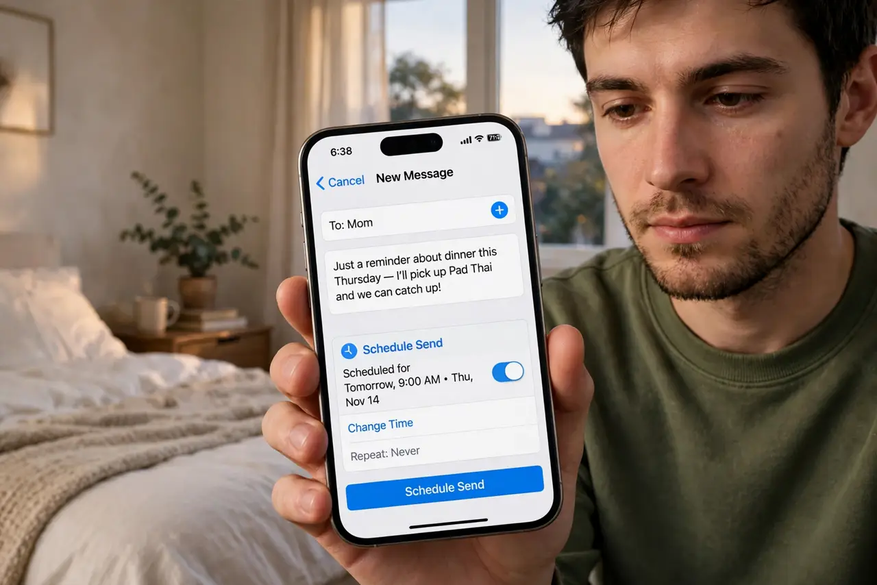 A person holding an iPhone showing a message compose screen with a scheduling option and future time legible on screen, the person's face thoughtful, bedroom evening setting.