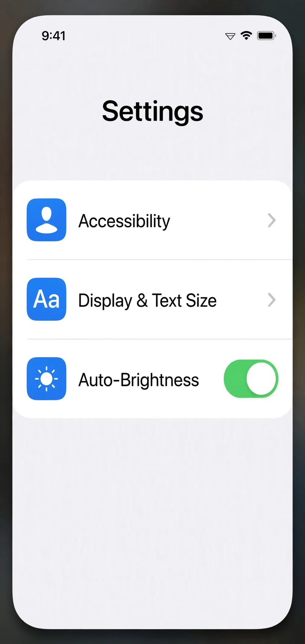 Example recreation of an iPhone Settings screen with the Auto-Brightness toggle switched on.