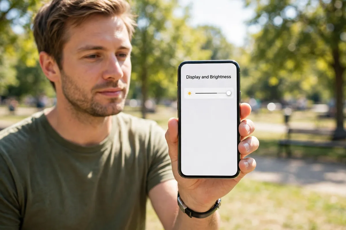 A man outdoors in bright sunlight holding a smartphone showing the Display and Brightness screen with the brightness slider set high.