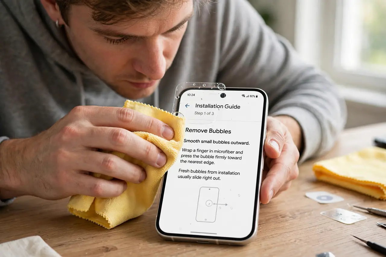 A Screen Protector Bubbles at the Edges — step 1 being performed on the device.