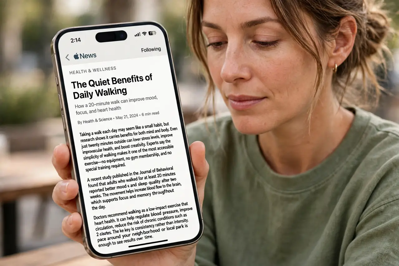 Screen Sleeps While You're Reading — a relaxed adult reading a long article on a real iPhone held in one hand, the screen showing a real article pa