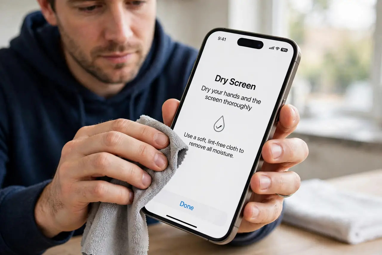Step 1 in action for Screen Unresponsive With Wet Hands: Dry your hands and the screen.