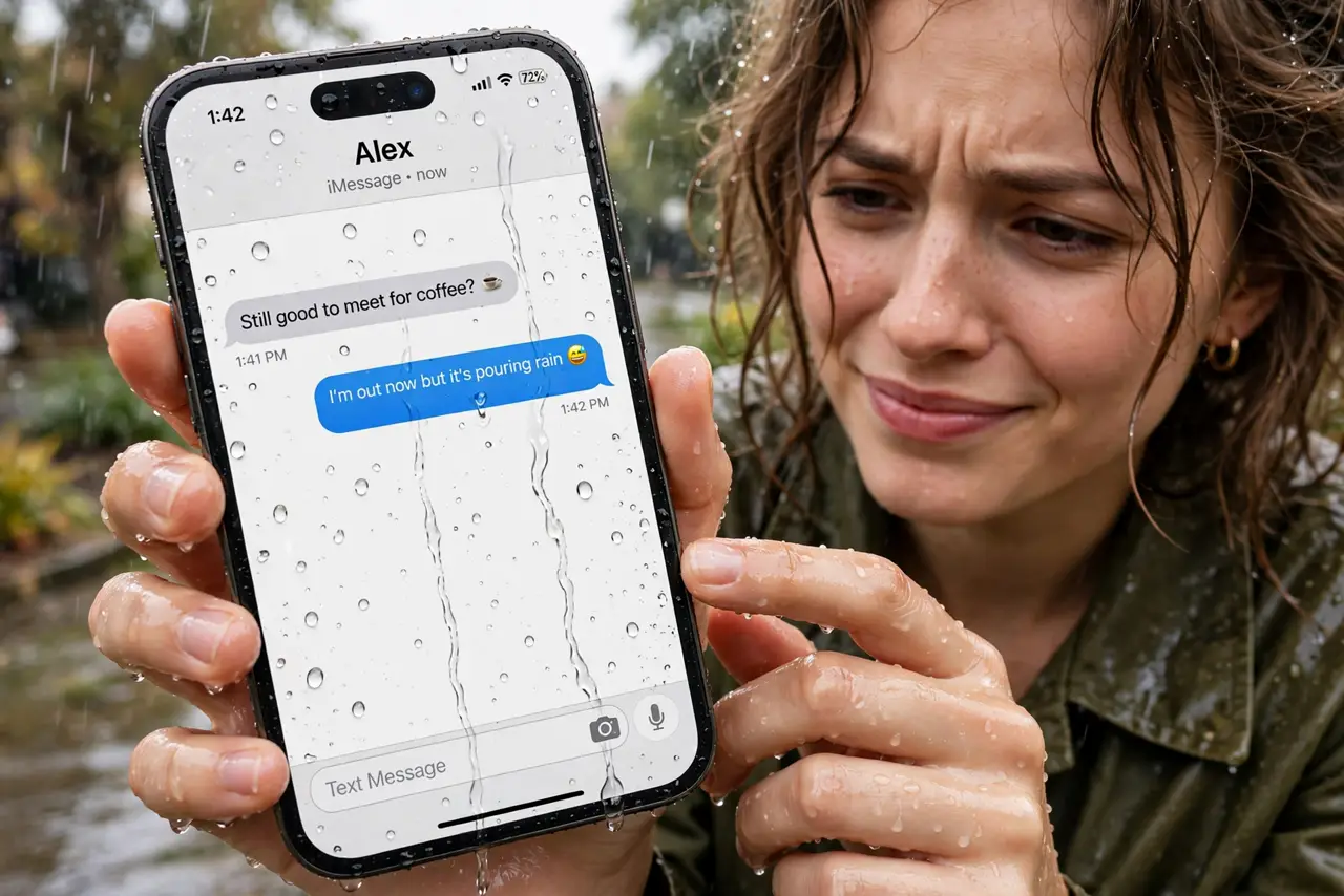 Screen Unresponsive With Wet Hands — a person with visibly damp hands trying to use a real iPhone with rain droplets on the screen, water beading o