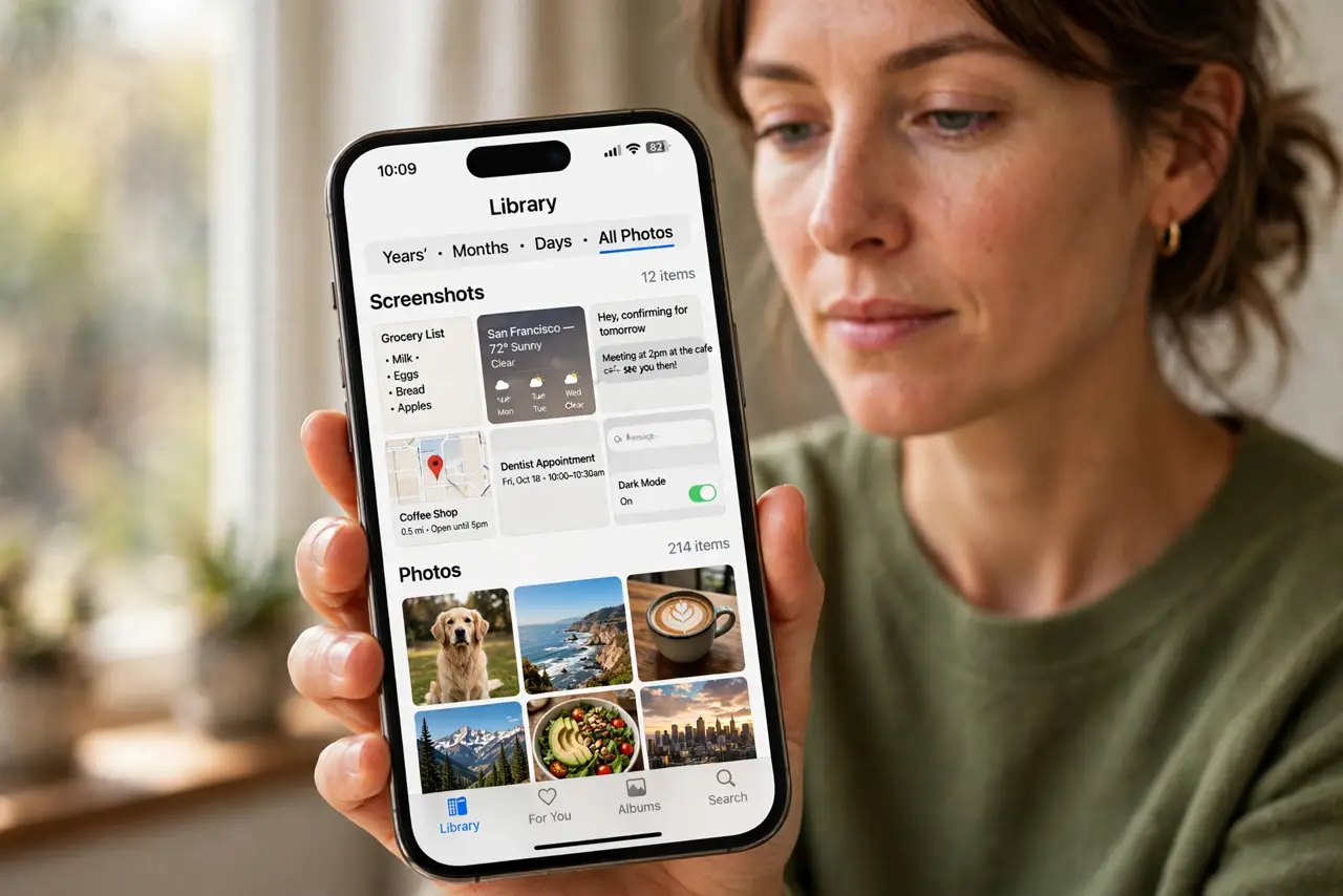 a calm adult holding a real phone showing a photo gallery on the real screen with screenshots separated from photos, grid clear. No black screen, no blank white