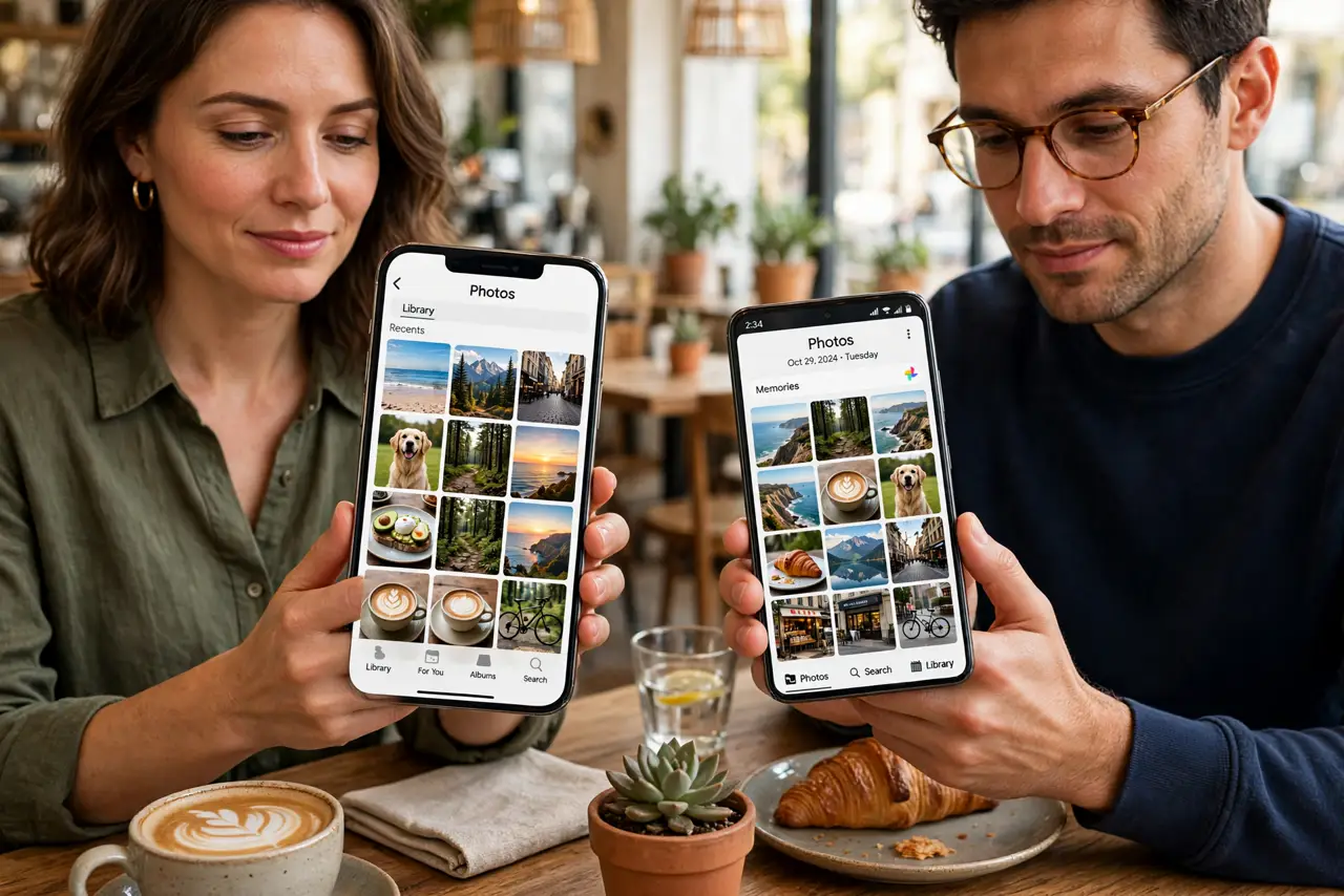 Two people at a table, one holding a real iPhone and the other a real Android phone, both screens showing a photo gallery with legible thumbnails, both faces calm and cooperative, cafe.