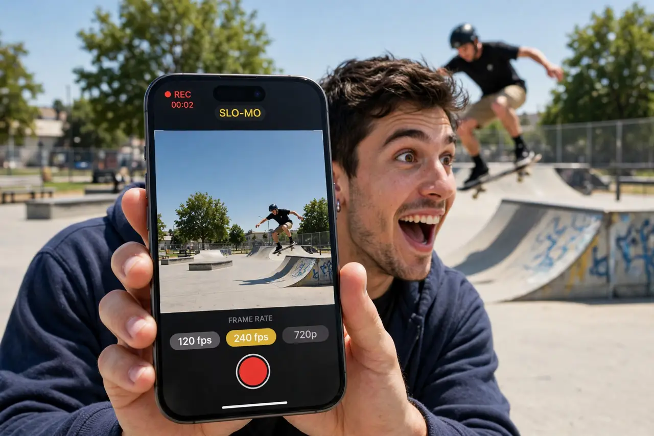 A person holding an iPhone recording a skateboarder mid-jump in slow-mo mode with the frame rate selector legible on screen, the person's face excited, skate park setting.