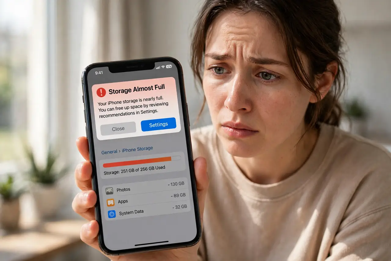 A person looking worried at an iPhone showing a 'Storage Almost Full' warning legible on screen, the person's face concerned, indoor lighting.