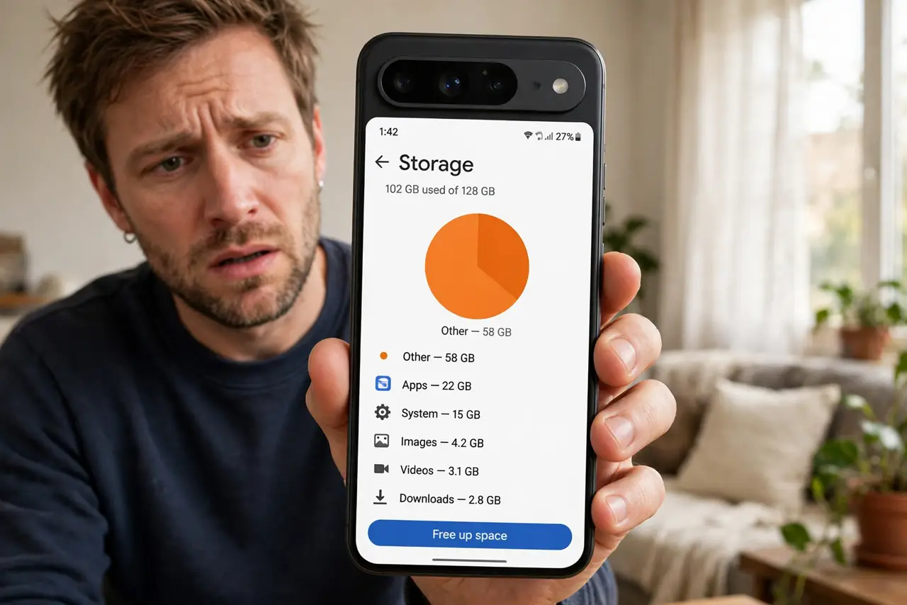 'Other' Storage Huge on Android — a concerned adult holding a real Android phone showing storage settings with a huge 'Other' segment in fully l