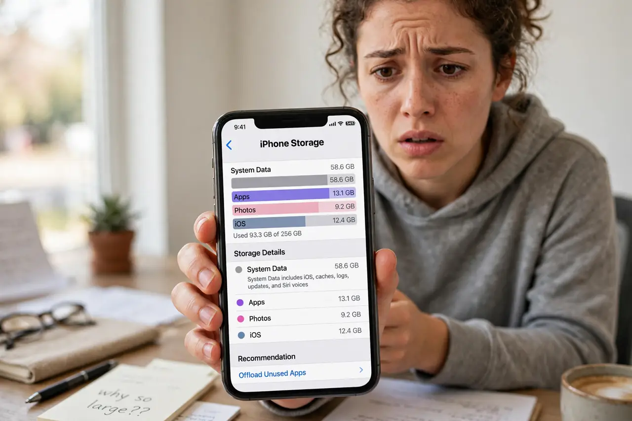 A person holding an iPhone showing a storage breakdown bar with a large gray System Data section legible on screen, the person's face puzzled, desk setting.