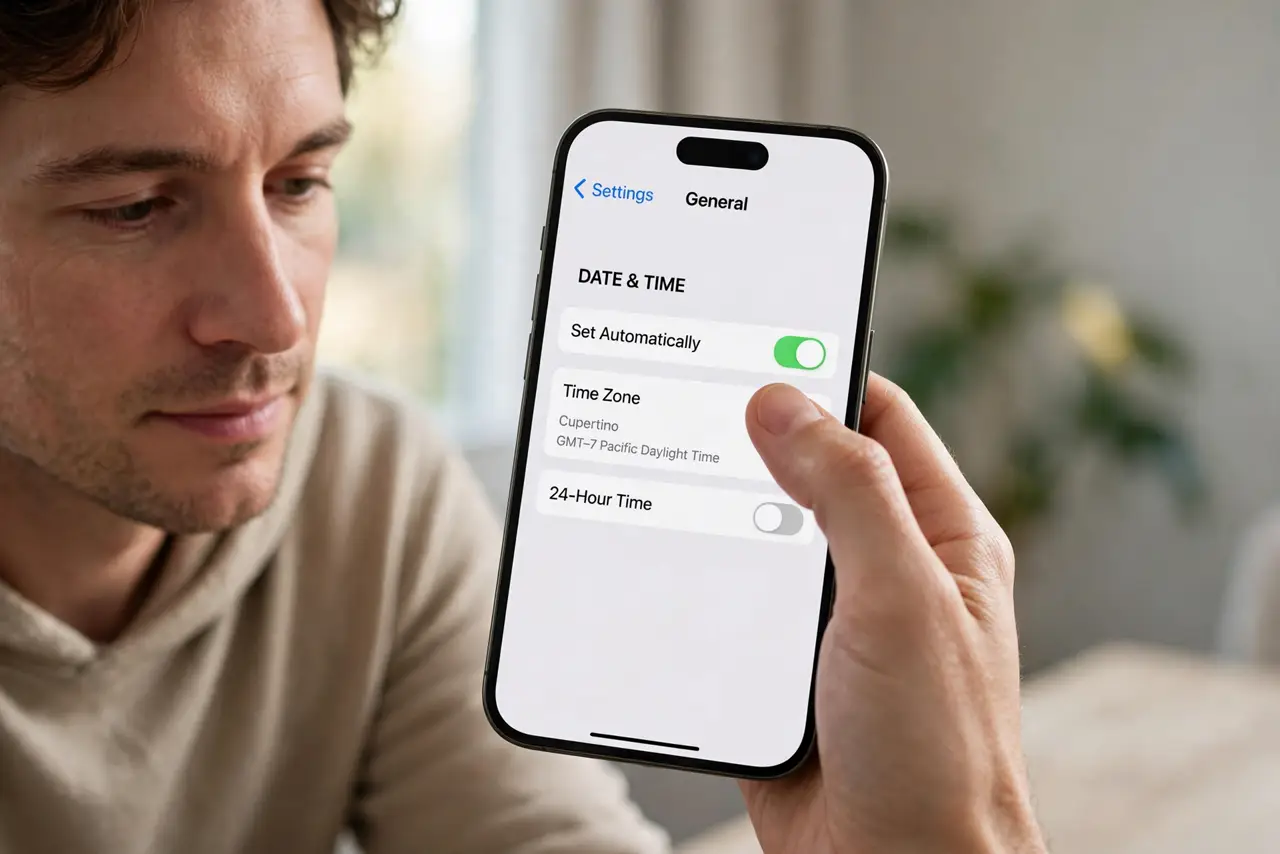Step 1 in action for Phone Shows the Wrong Time After Travel: Enable automatic date and time.