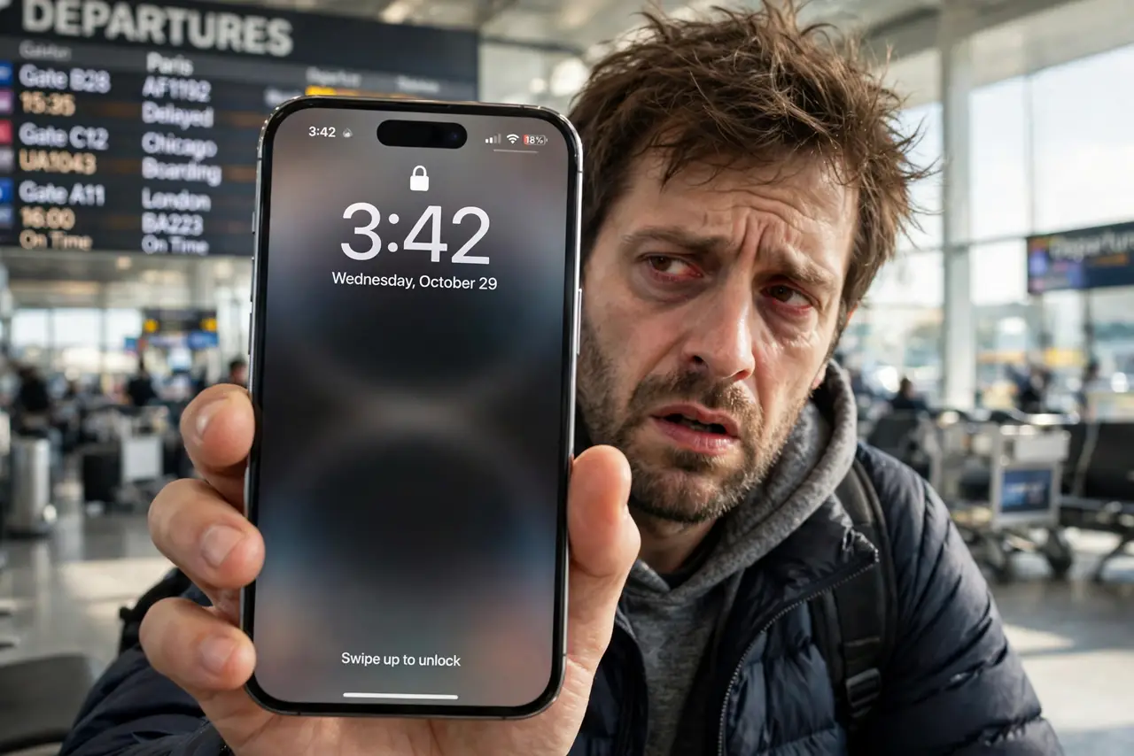 Phone Shows the Wrong Time After Travel — a tired traveler at an airport holding a real smartphone showing the wrong time on the lock screen in fully le