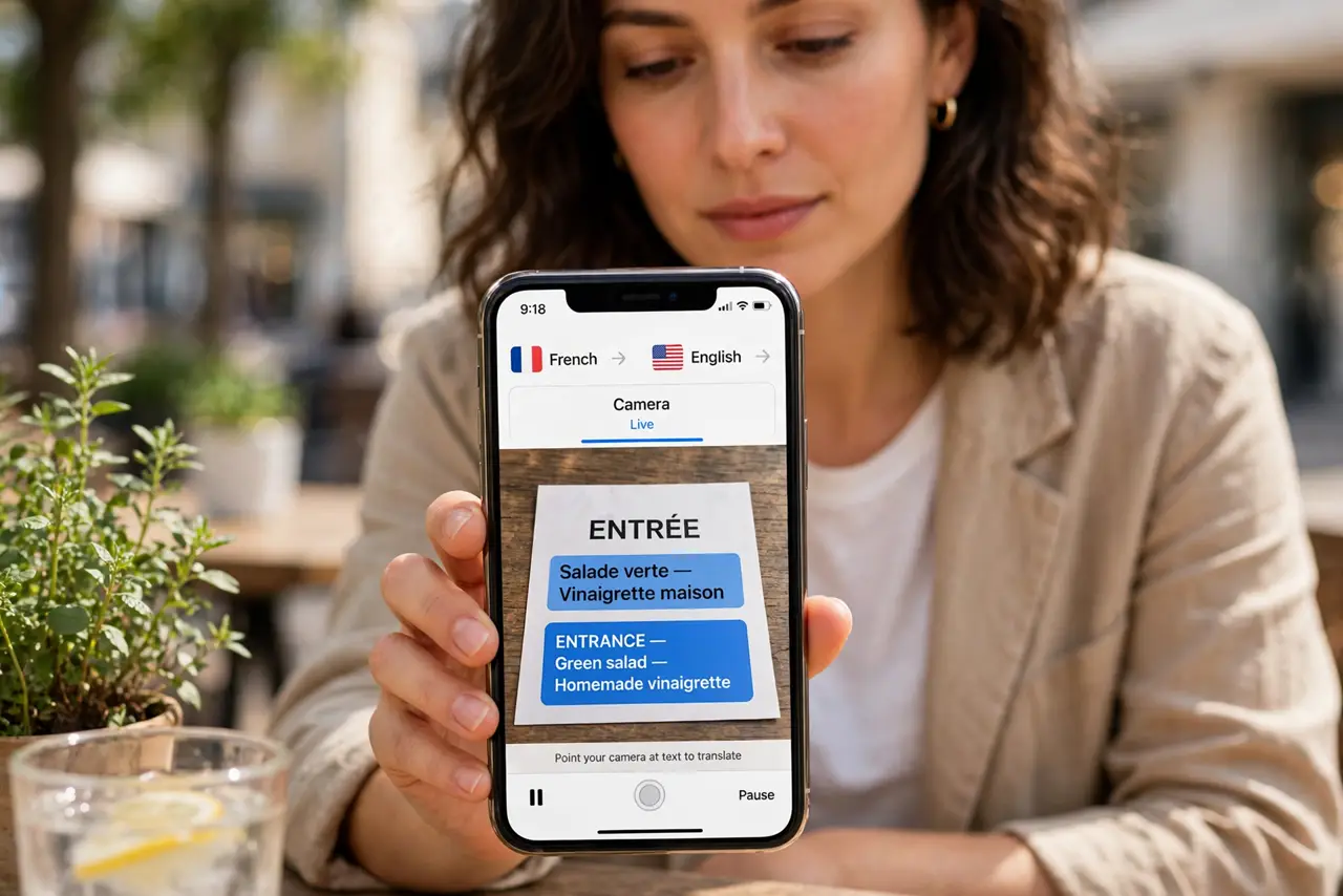A person doing the guide's first step: Use the Translate app's camera mode.
