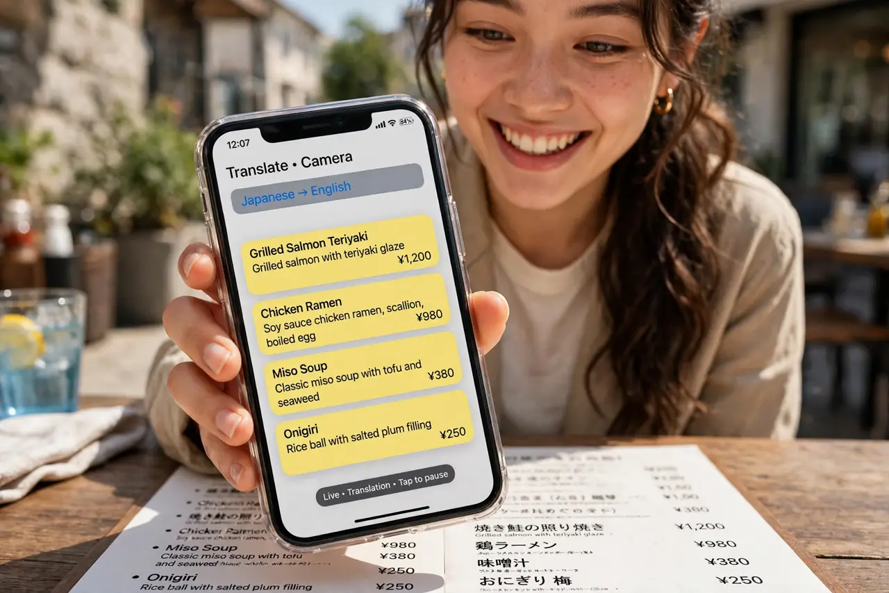 A person holding an iPhone pointed at a foreign-language restaurant menu, the live English translation overlay legible on screen, the person's face delighted, travel restaurant setting.
