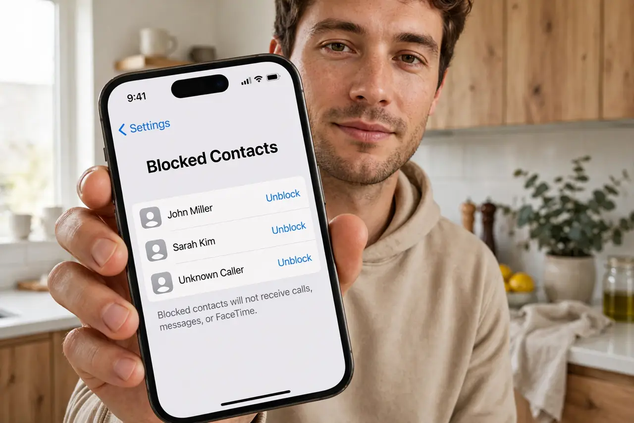 A person holding an iPhone showing the blocked contacts list in settings with an unblock option legible on screen, the person's face calm, kitchen setting.