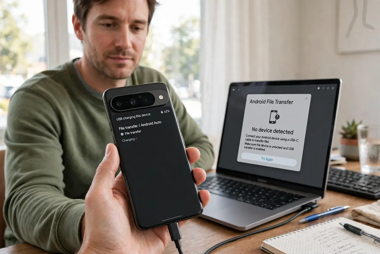 A USB-C Cable Charges but Transfers No Data — photo showing the situation described in the guide.