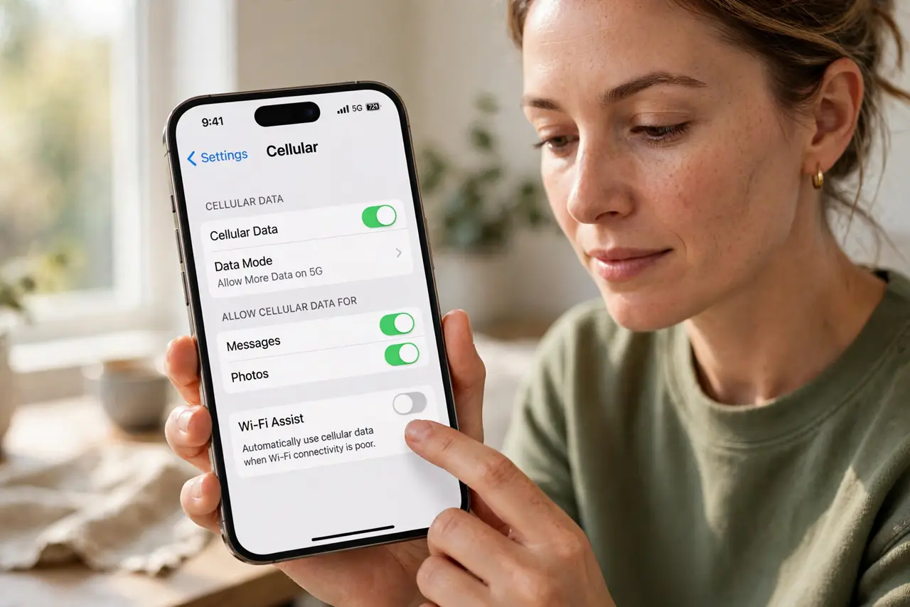 Step 1 in action for Phone Uses Mobile Data Despite Wi-Fi: Turn off Wi-Fi Assist or auto-switch.