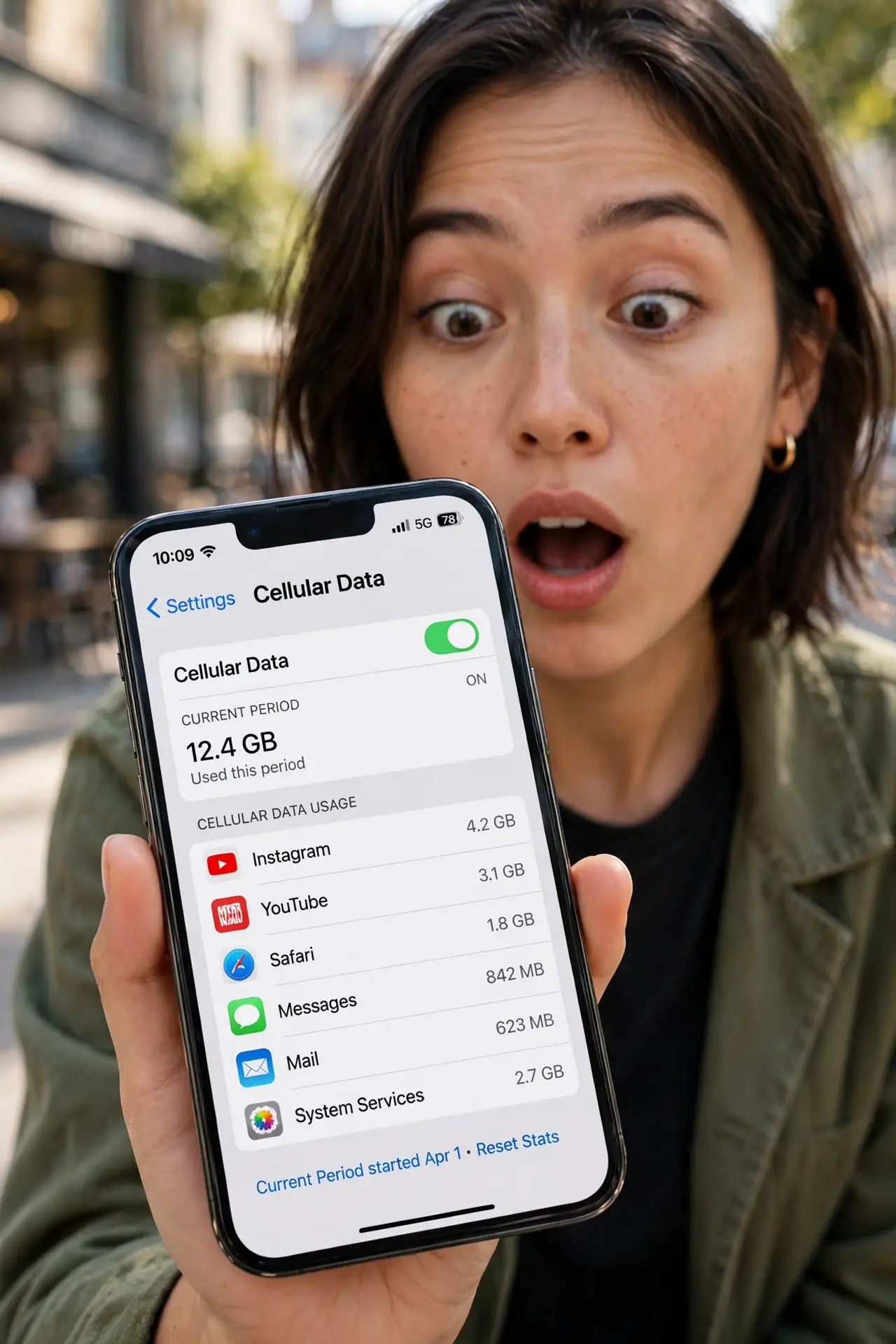 Phone Uses Mobile Data Despite Wi-Fi — a person checking a real phone showing mobile data usage statistics with legible numbers, Wi-Fi icon visible i