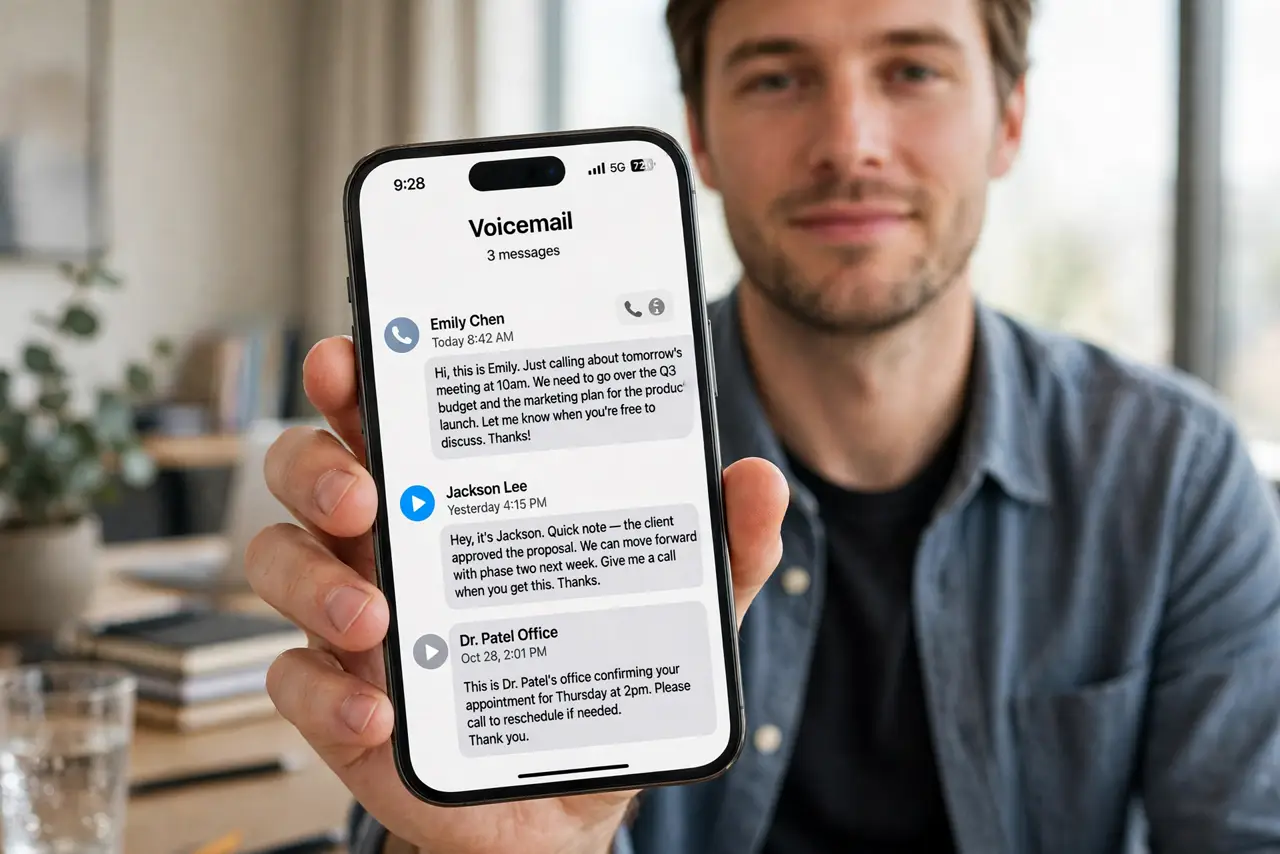 A person holding an iPhone showing a visual voicemail message list with transcripts legible on screen, the person's face relaxed, office setting.