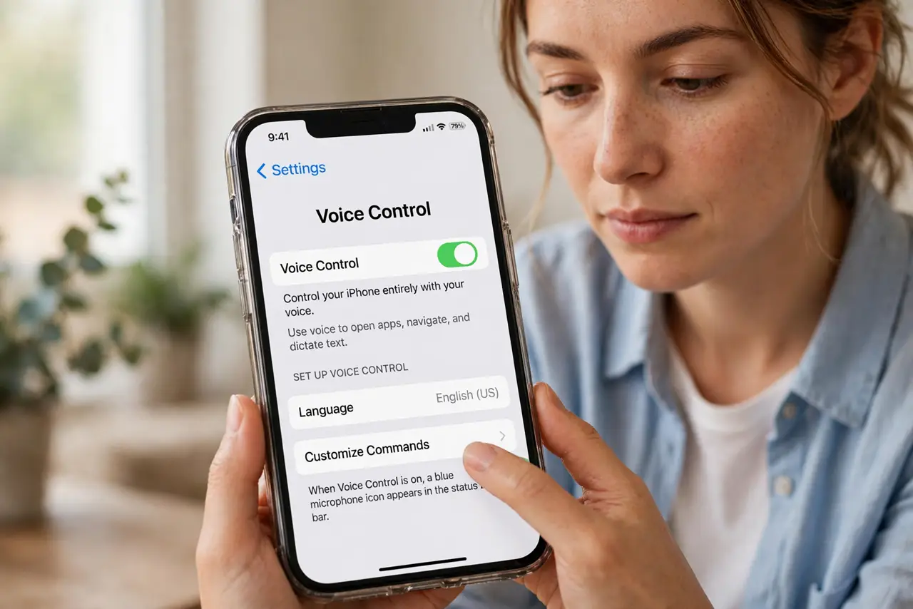 A person doing the guide's first step: Turn on Voice Control on iPhone.