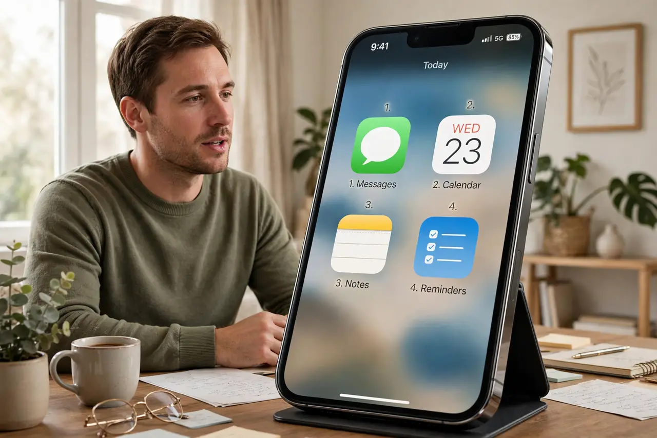 A person speaking toward a real iPhone propped on a desk, the screen showing numbered labels over app icons in legible text, the person's face calm and focused, home office.
