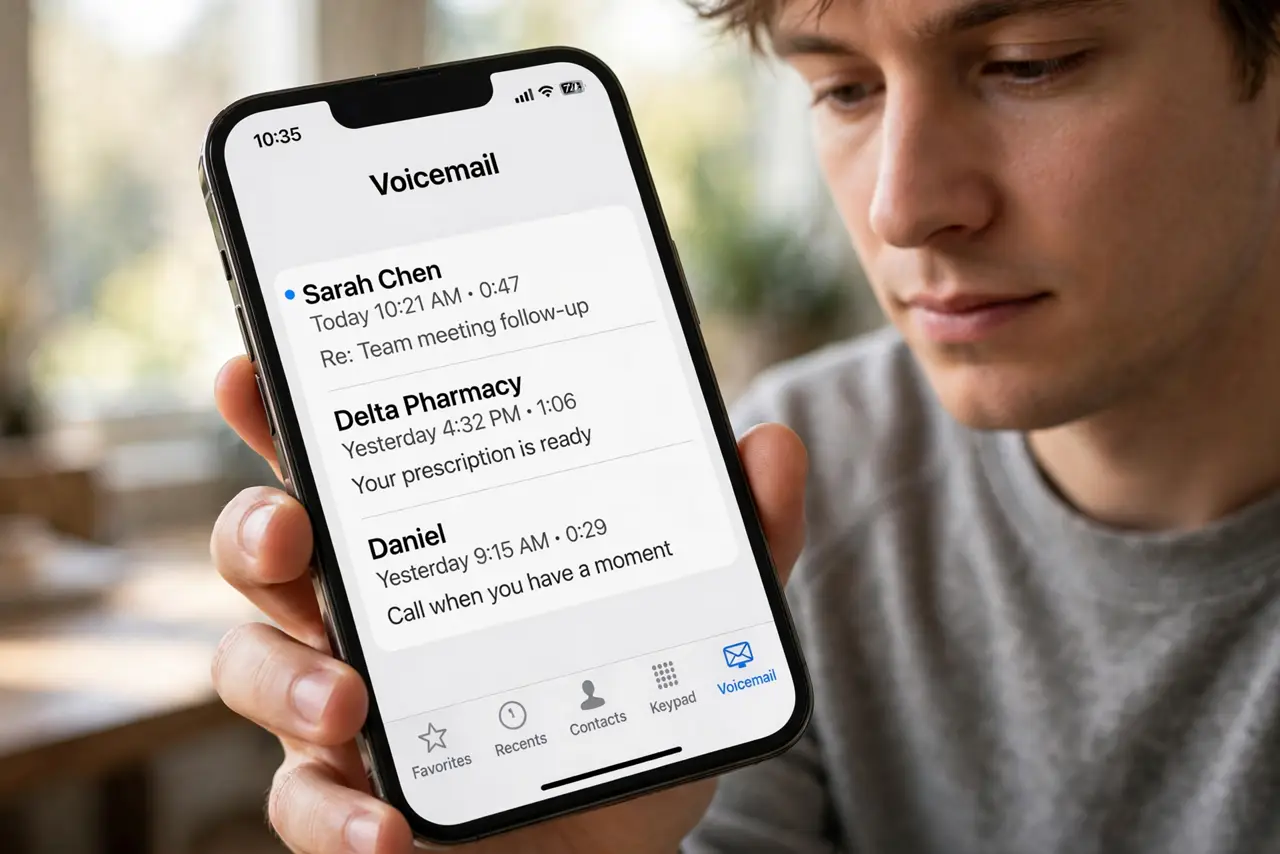 A person doing the guide's first step: Open the voicemail tab.