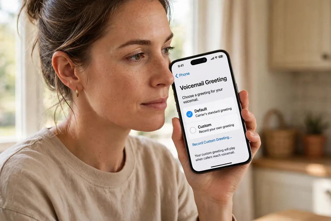 A person holding an iPhone to their ear with the voicemail greeting setup screen legible nearby on the phone display, the person's face calm and focused, home setting.