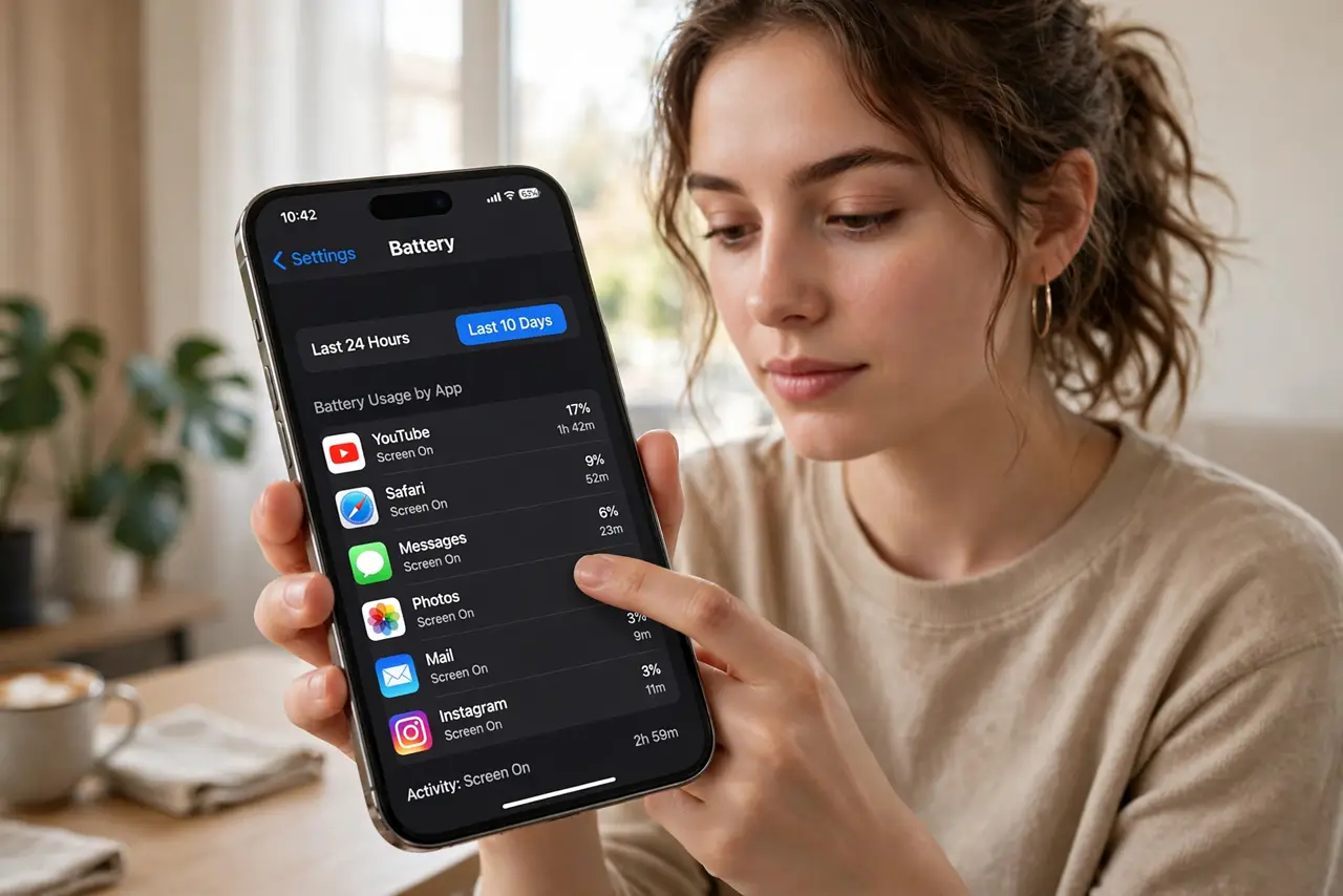 A person performing the first step: Open battery usage on iPhone. Go to Settings, Battery, and scroll to the per-app.