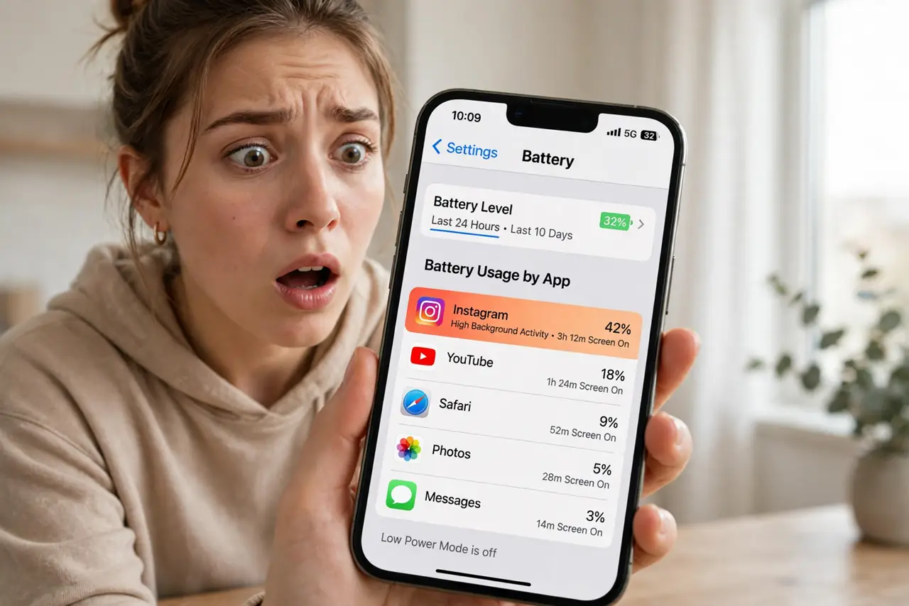 A person checking battery usage by app on a real iPhone, the phone screen large showing per-app battery percentages