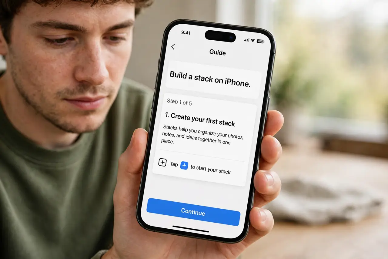 A person doing the guide's first step: Build a stack on iPhone.