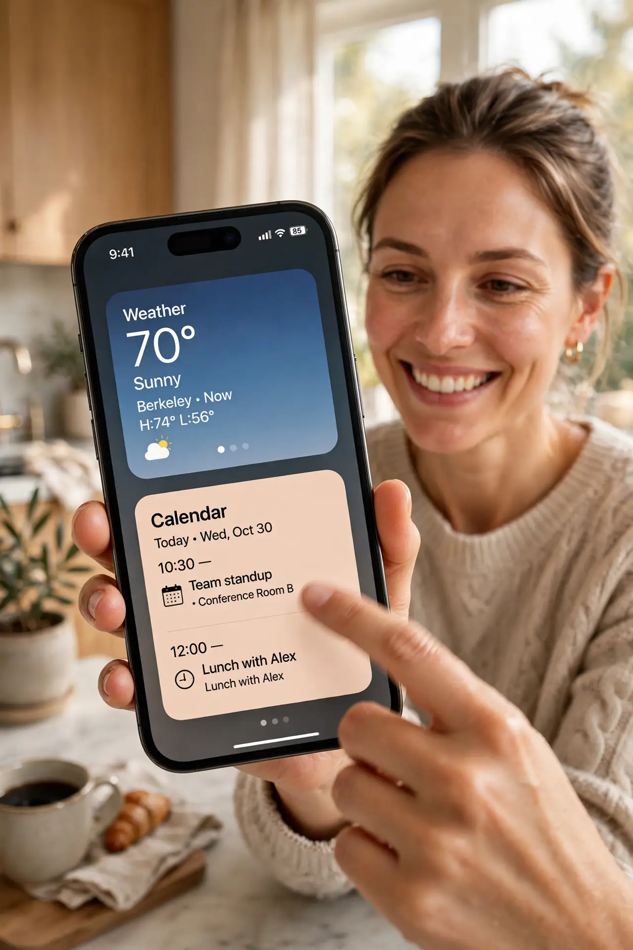A person swiping through a stacked widget on an iPhone home screen showing weather then calendar, the person's face pleased, morning kitchen setting.