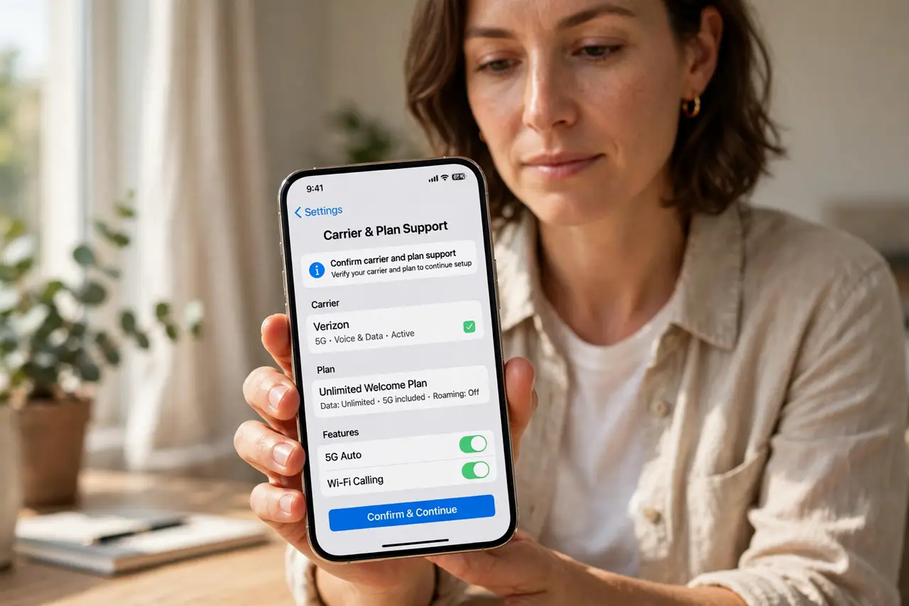 Step 1 in action for Wi-Fi Calling Won't Turn On: Confirm carrier and plan support.