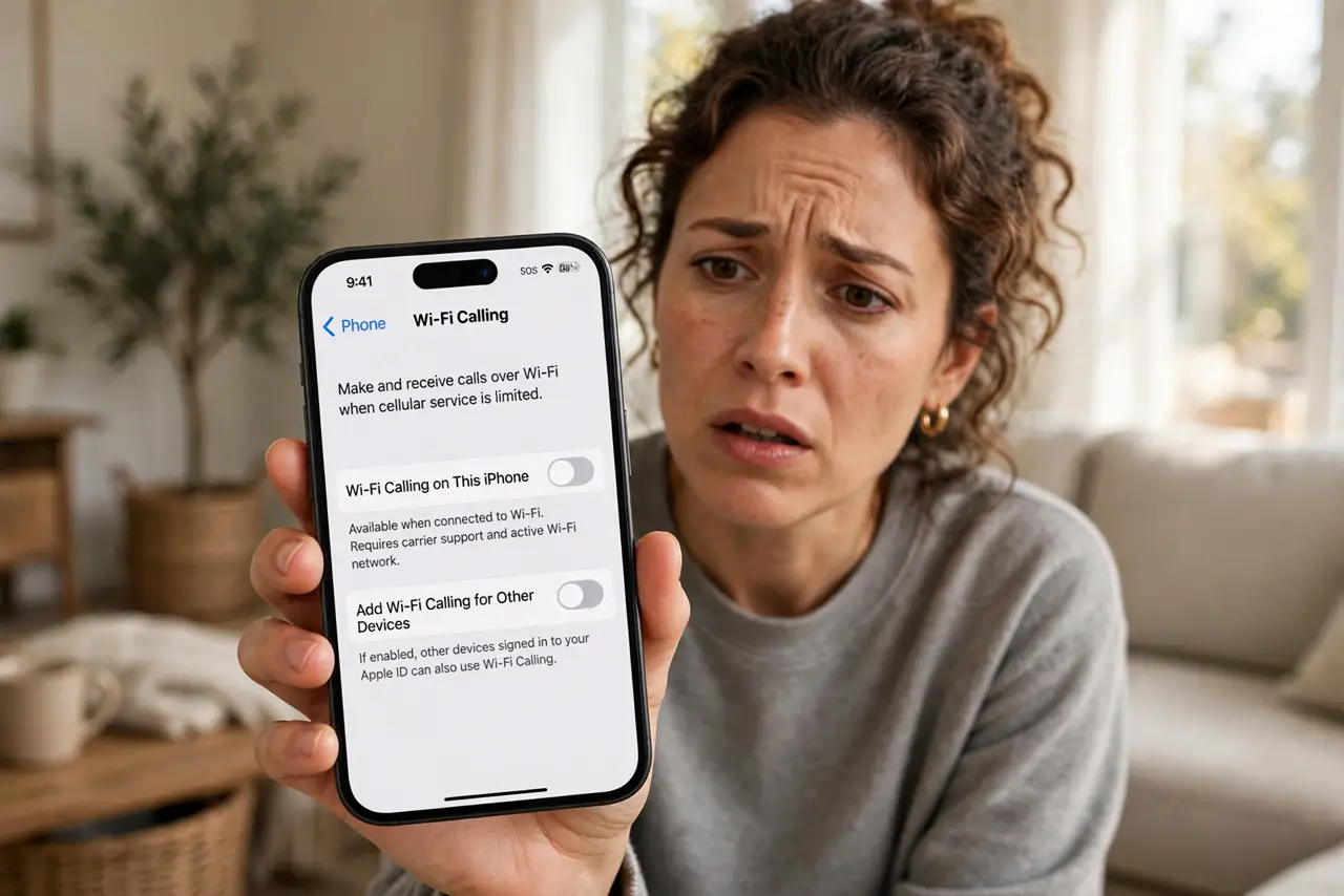 Wi-Fi Calling Won't Turn On — a puzzled adult holding a real smartphone showing Wi-Fi calling settings with a grayed-out toggle in fully leg