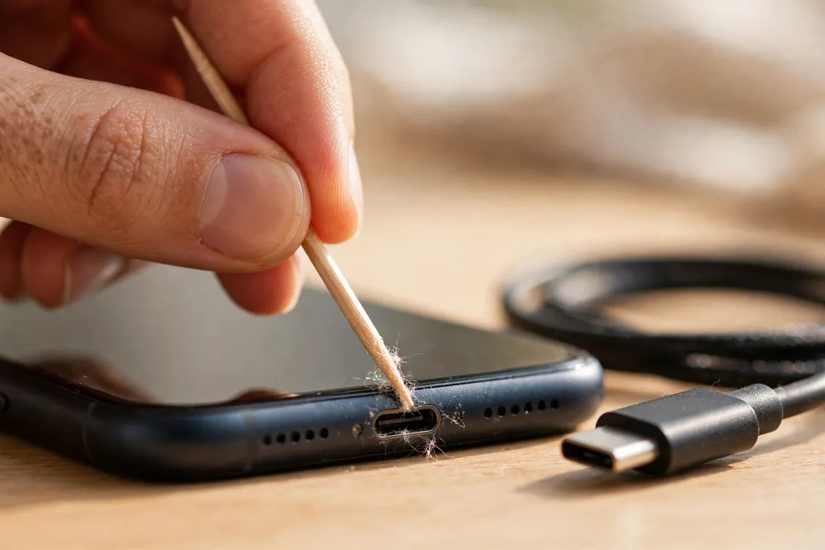 A hand gently lifting lint from a phone charging port with a wooden toothpick, with the charging cable beside the phone.